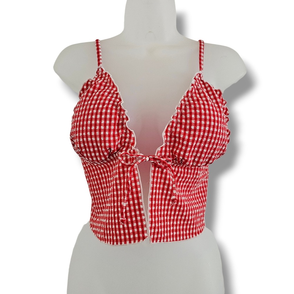 Wild Fable Bikini Top L Red‎ Gingham Ruffle Tie Front Seersucker Rockabilly Swim